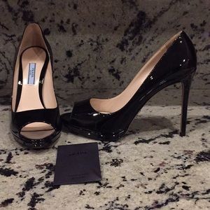 Prada open toe patent leather stilettos
